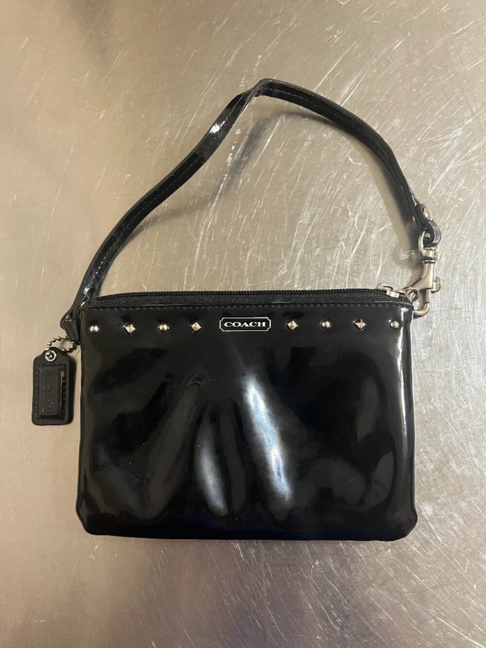 COACH Black Studded Liquid Gloss Vinyl Wristlet Wallet